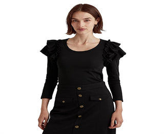 Blusa Ralph Lauren Feminina de Algodão Elástico com Acabamento em Babados, Preta, Tamanho X-G