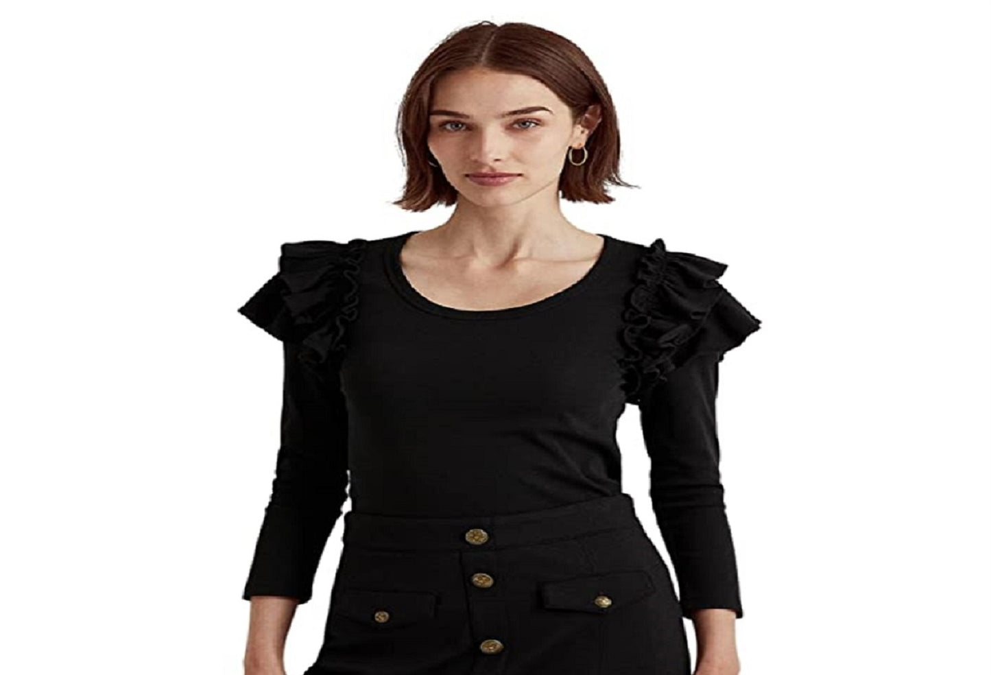 Blusa Ralph Lauren Feminina de Algodão Elástico com Acabamento em Babados, Preta, Tamanho X-G