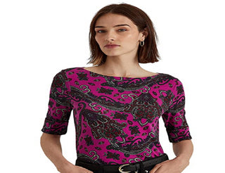 Camiseta Ralph Lauren Feminina Paisley Stretch Algodão Rosa Tamanho Grande