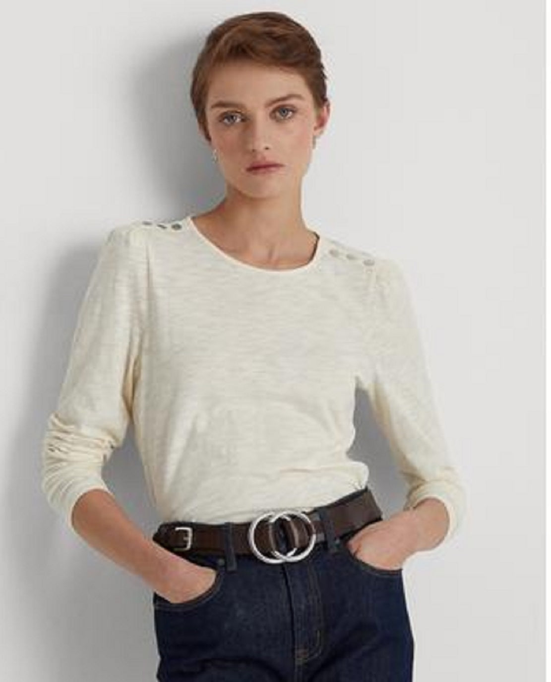Ralph Lauren Camiseta Feminina Manga Bufante Slub Jersey Branca Tamanho P