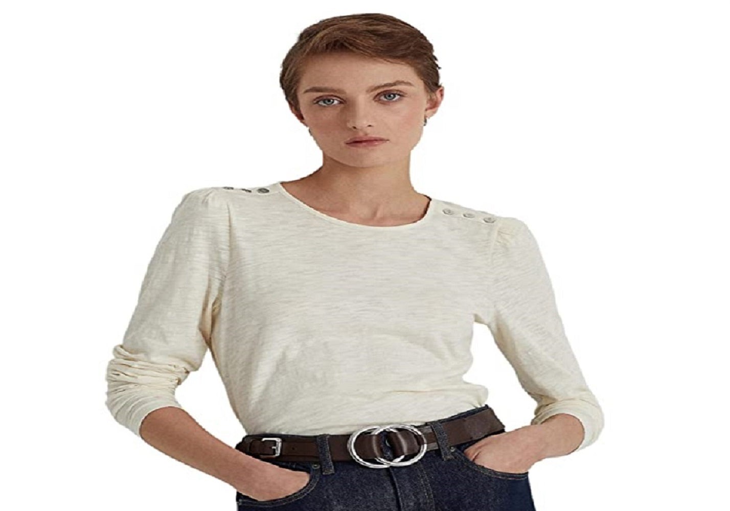 Ralph Lauren Camiseta Feminina Manga Bufante Slub Jersey Branca Tamanho X-G
