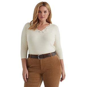 Blusa Ralph Lauren Feminina de Algodão Elástico com Acabamento em Renda, Bege, Tamanho 3X