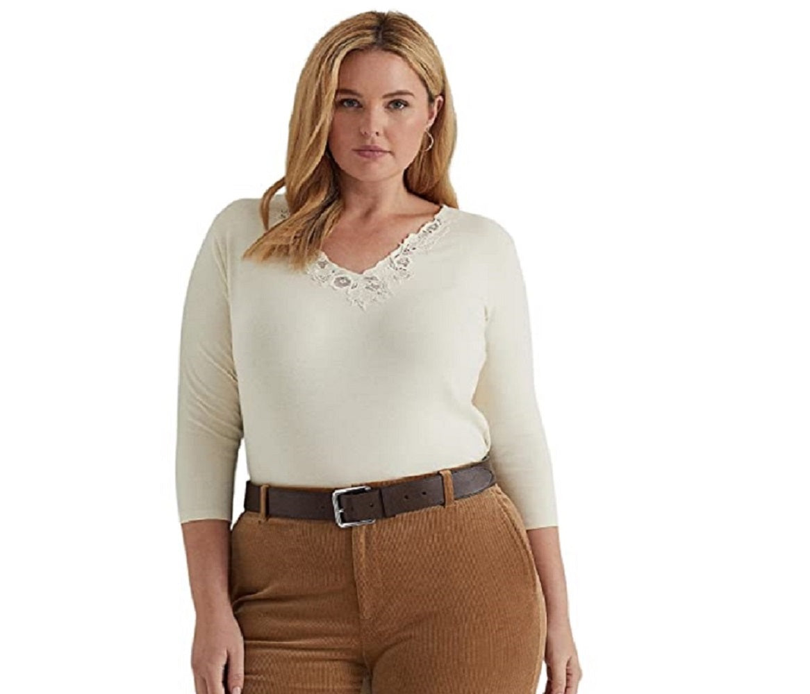 Blusa Ralph Lauren Feminina de Algodão Elástico com Acabamento em Renda, Bege, Tamanho 3X