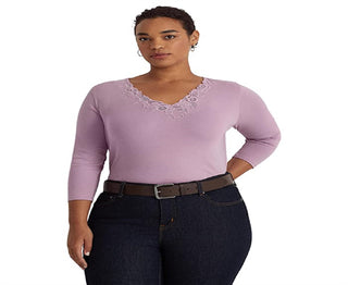 Blusa Ralph Lauren Feminina de Algodão Elástico com Acabamento em Renda Roxa Tamanho 2X
