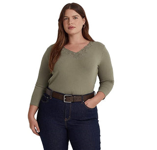 Blusa Ralph Lauren Feminina de Algodão Elástico com Acabamento em Renda, Verde, Tamanho 2X