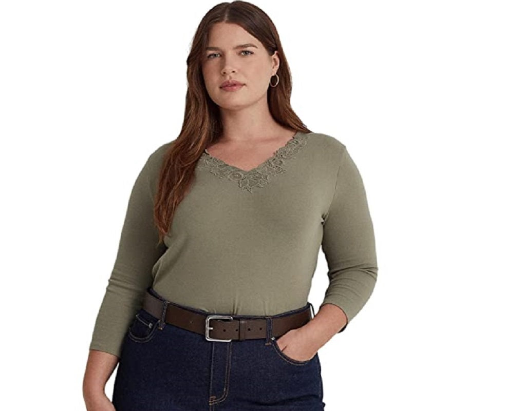 Blusa Ralph Lauren Feminina de Algodão Elástico com Acabamento em Renda, Verde, Tamanho 2X