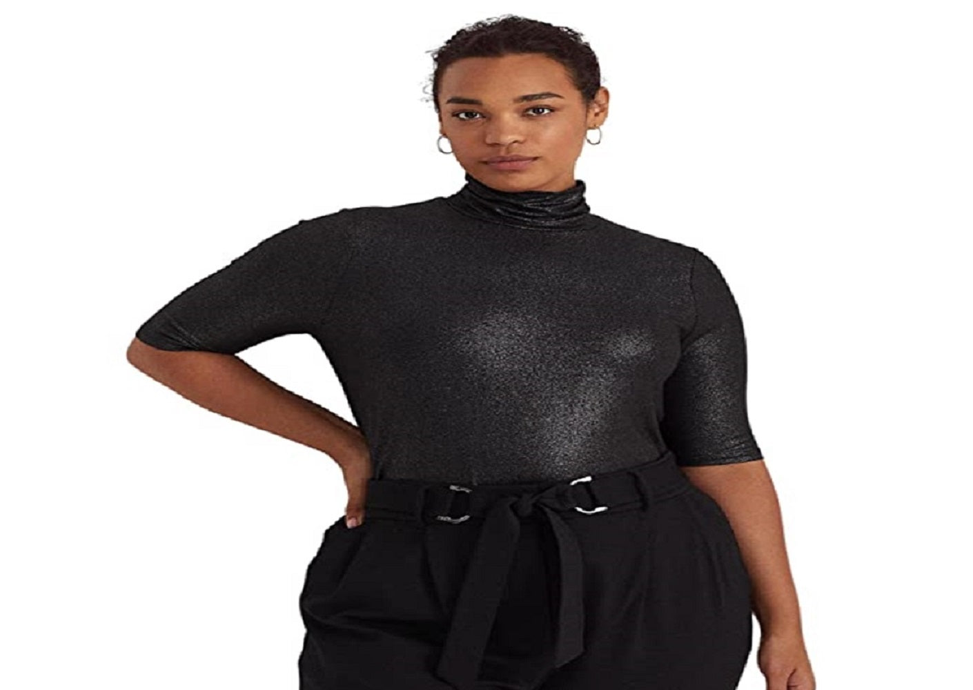 Ralph Lauren Feminino Metallic Stretch Jersey Gola Alta Preto Tamanho 1X