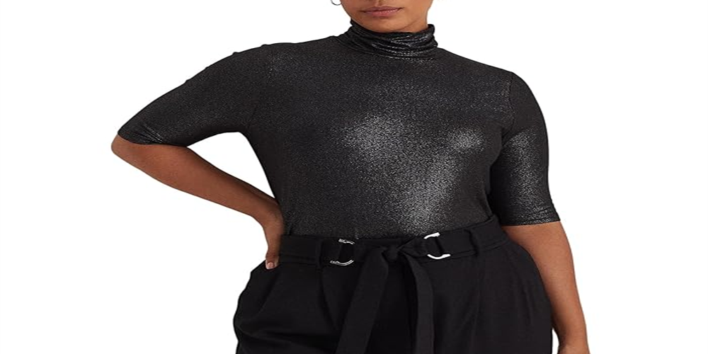 Ralph Lauren Feminino Metallic Stretch Jersey Gola Alta Preto Tamanho 2X