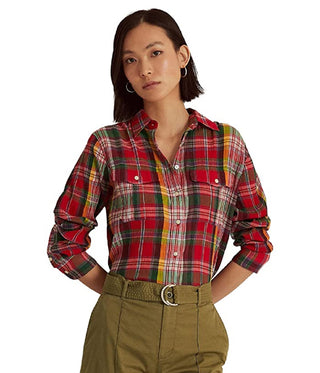 Camisa Ralph Lauren Feminina Xadrez de Algodão Amassado Vermelha Tamanho Grande