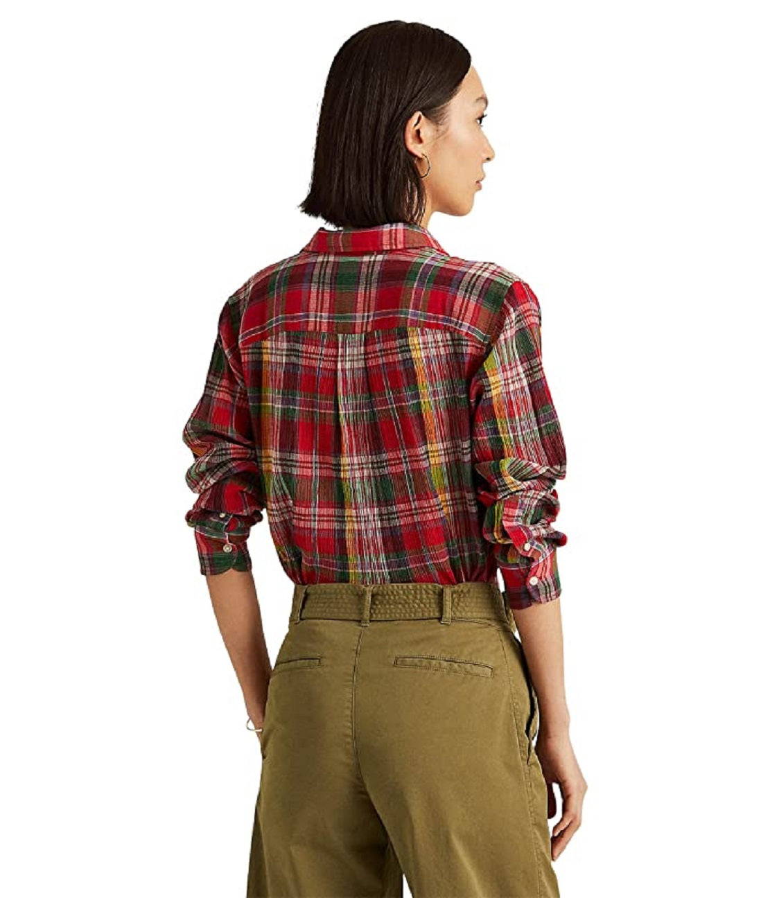 Camisa Ralph Lauren Feminina Xadrez de Algodão Amassado Vermelha Tamanho Grande