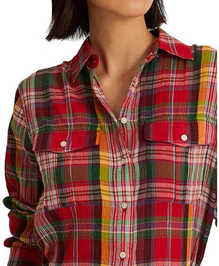 Camisa Ralph Lauren Feminina Xadrez de Algodão Amassado Vermelha Tamanho Grande