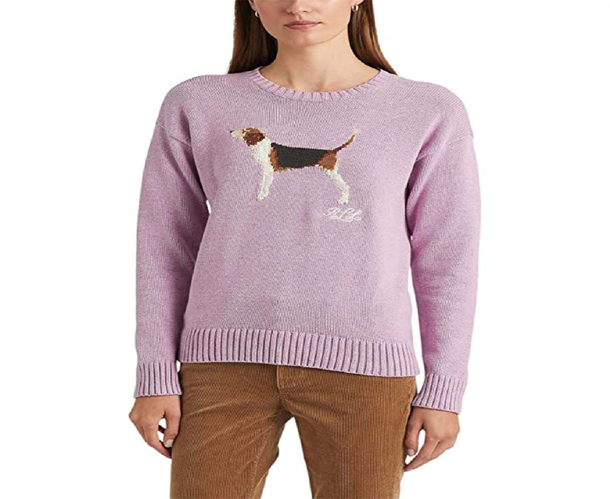 Suéter de malha de algodão Intarsia feminino Ralph Lauren, roxo