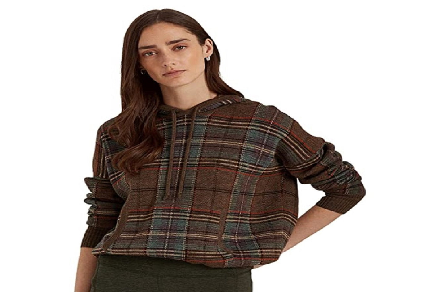 Suéter com capuz Ralph Lauren feminino xadrez de lã merino, tamanhos variados, médio
