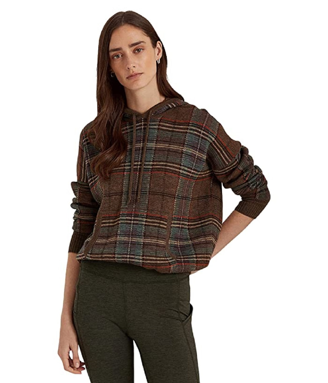 Suéter com capuz Ralph Lauren feminino xadrez de lã merino, tamanhos variados, pequeno