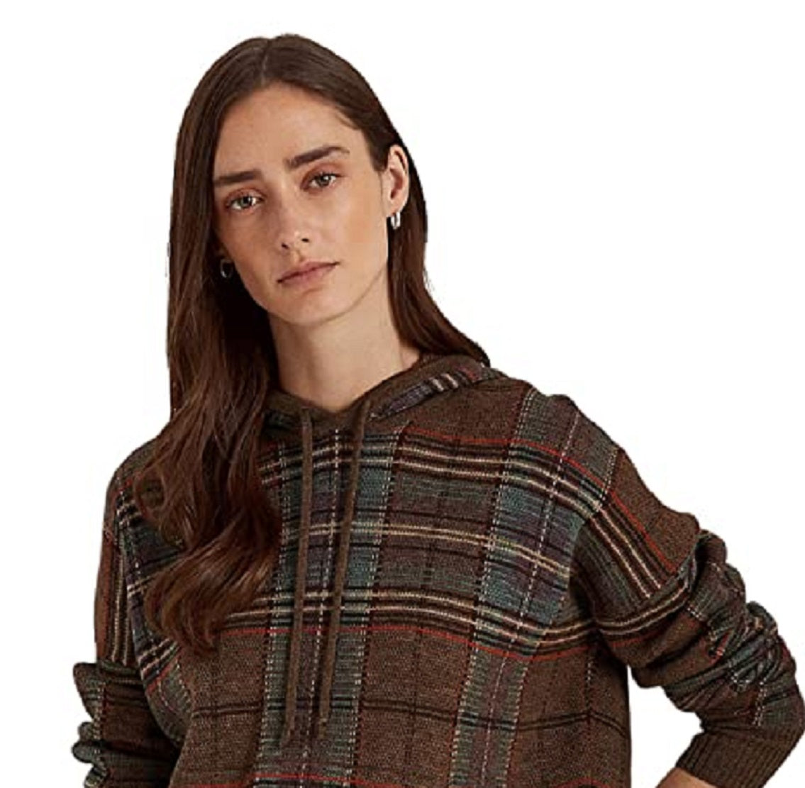 Suéter com capuz Ralph Lauren feminino xadrez de lã merino, tamanhos variados, pequeno