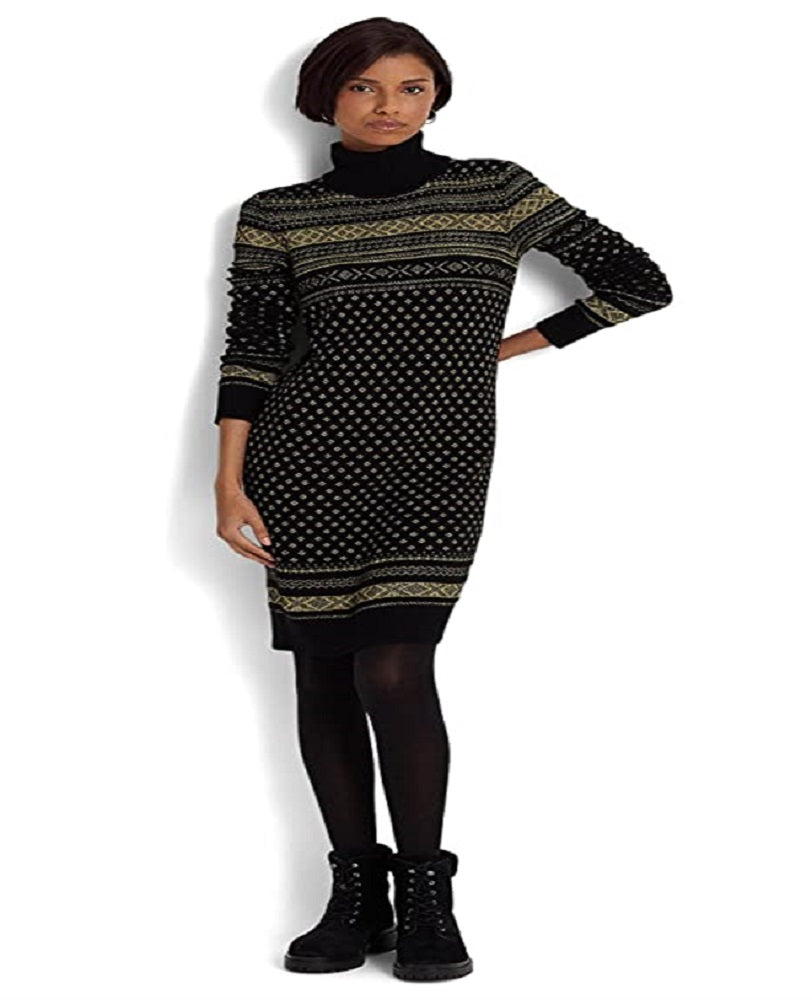 Vestido de malha Ralph Lauren Fair Isle gola alta feminino, preto, tamanho extragrande