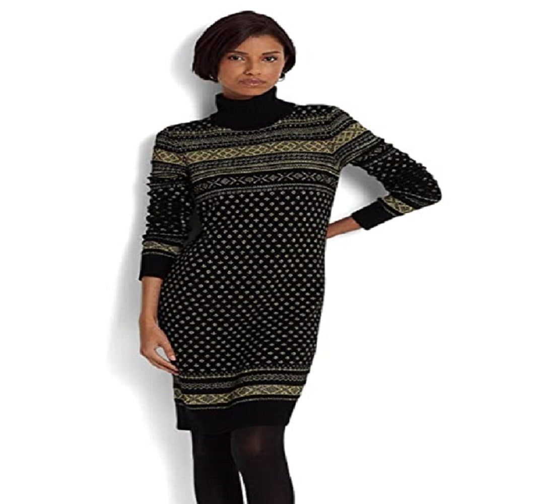 Vestido de malha Ralph Lauren Fair Isle gola alta feminino, preto, tamanho extragrande