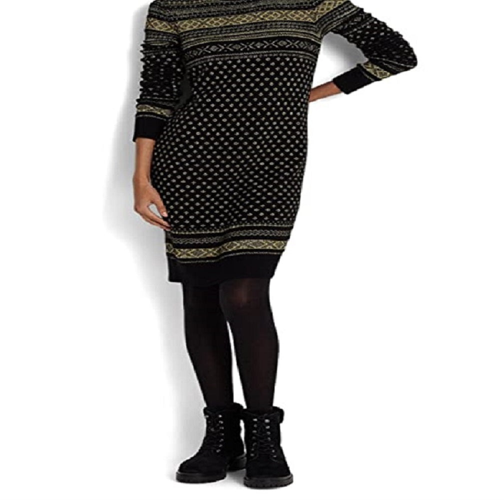 Vestido de malha Ralph Lauren Fair Isle gola alta feminino, preto, tamanho extragrande