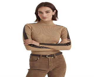 Suéter Ralph Lauren Feminino Gola Alta com Acabamento em Couro Sintético Marrom Tamanho Grande