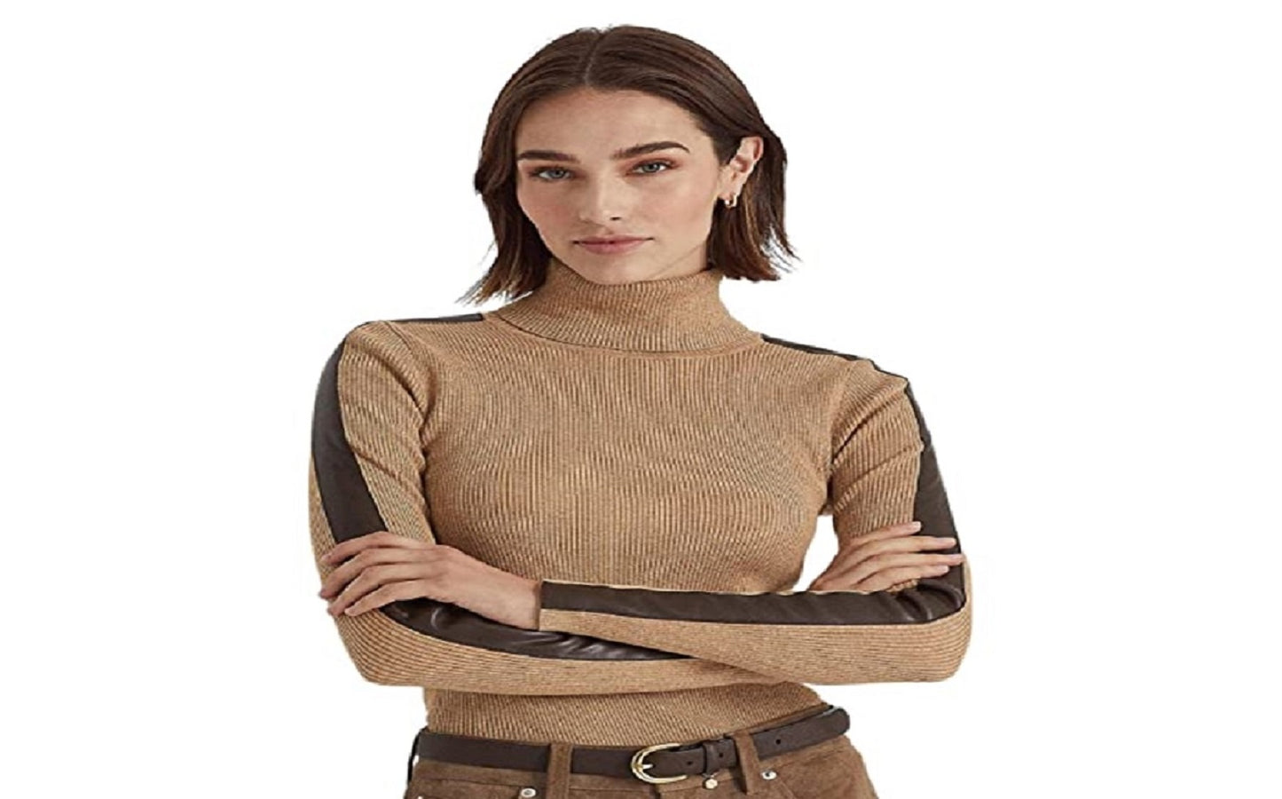 Suéter Ralph Lauren Feminino Gola Alta com Acabamento em Couro Sintético Marrom Tamanho Grande