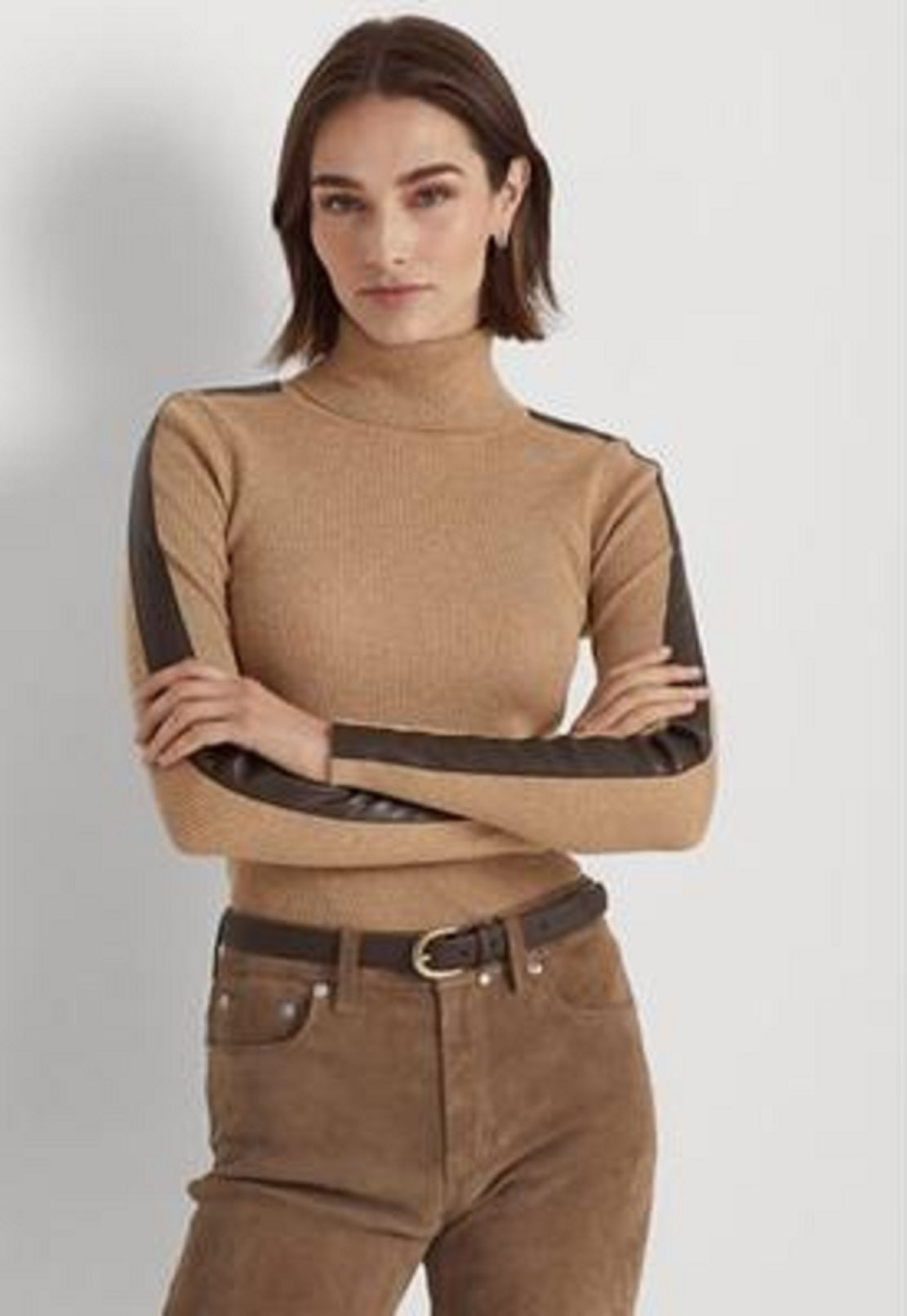 Suéter Ralph Lauren Feminino Gola Alta com Acabamento em Couro Sintético Marrom Tamanho Médio