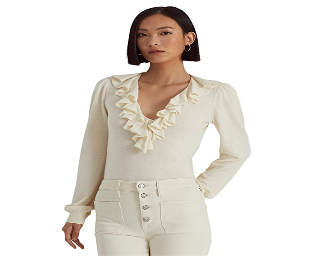 Suéter Ralph Lauren Feminino com Babados e Manga Longa, Branco, Tamanho XG