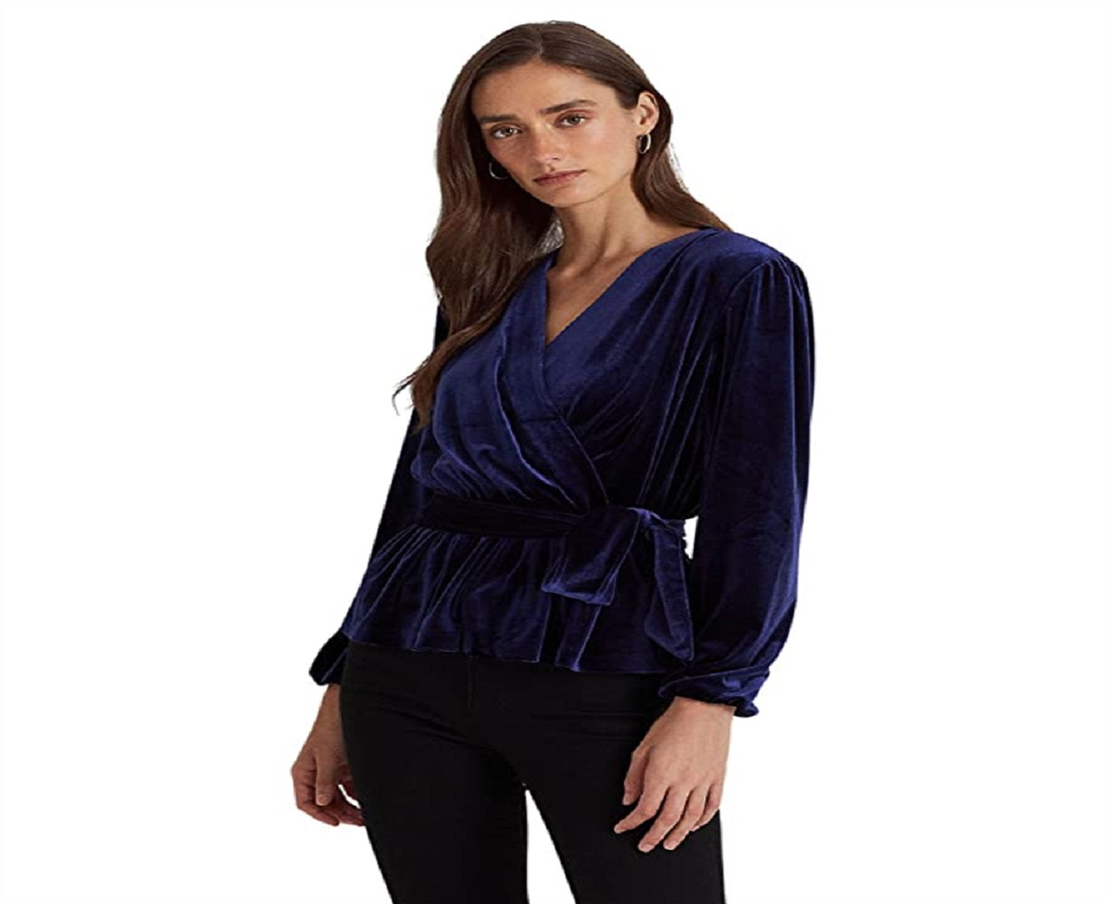 Ralph Lauren Blusa Feminina Peplum com Cinto e Veludo Azul Tamanho P