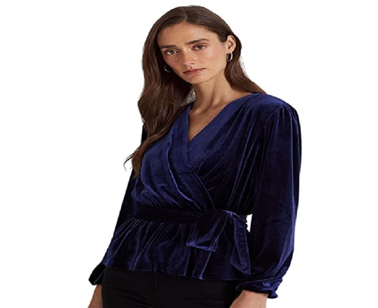 Ralph Lauren Blusa Feminina Peplum com Cinto e Veludo Azul Tamanho P