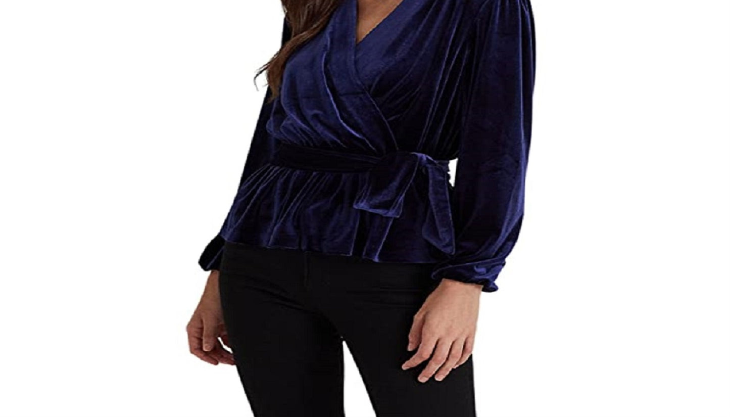 Ralph Lauren Blusa Feminina Peplum com Cinto e Veludo Azul Tamanho P