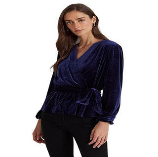 Ralph Lauren Blusa feminina de veludo com cinto e peplum, tamanho extragrande, azul