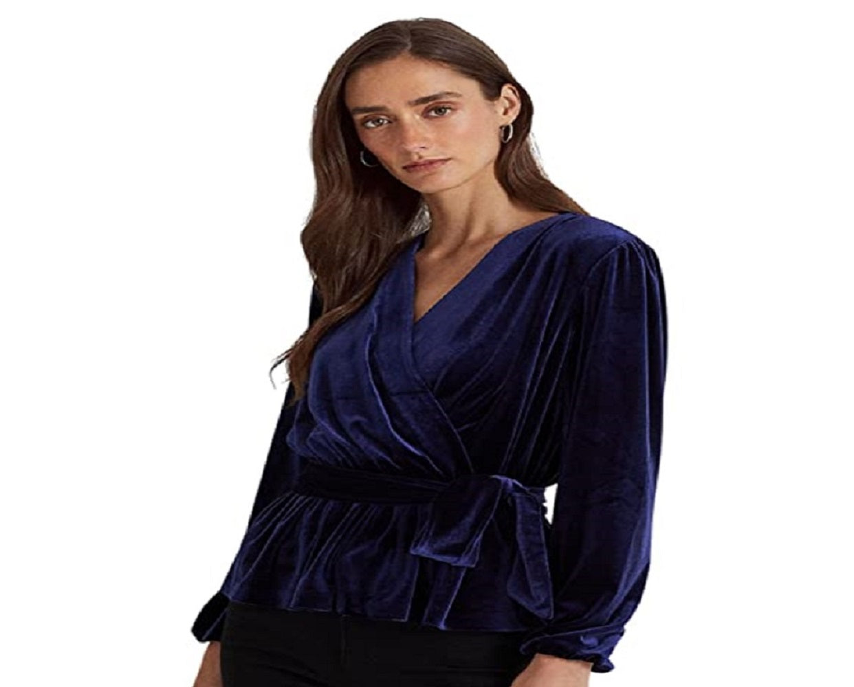 Ralph Lauren Blusa feminina de veludo com cinto e peplum, tamanho extragrande, azul