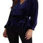 Ralph Lauren Blusa feminina de veludo com cinto e peplum, tamanho extragrande, azul
