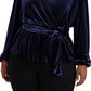 Ralph Lauren Blusa feminina de veludo com cinto e peplum, azul, tamanho 2X