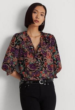 Blusa Ralph Lauren Feminina Floral Crepe Preta Tamanho X-G