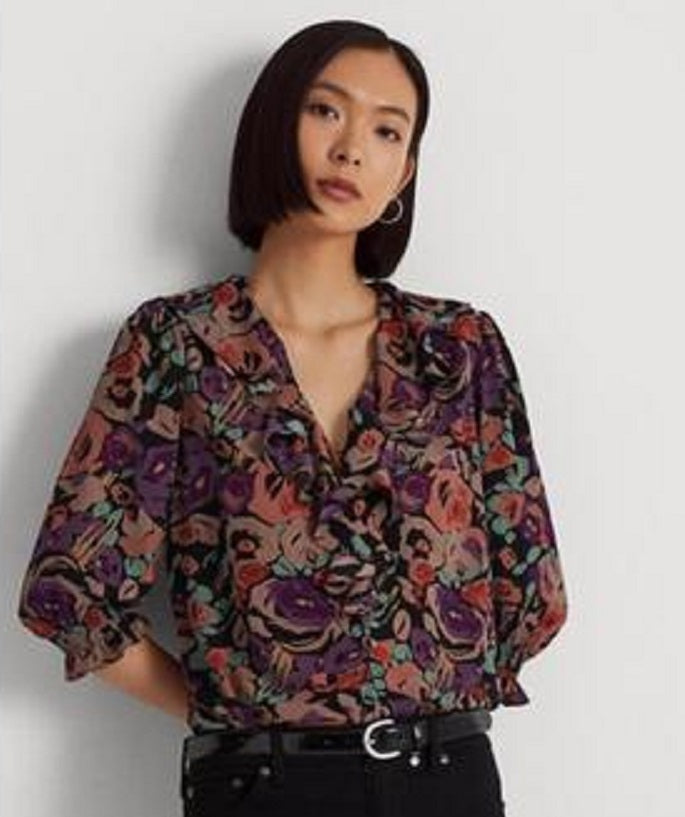 Blusa Ralph Lauren Feminina Floral Crepe Preta Tamanho X-G