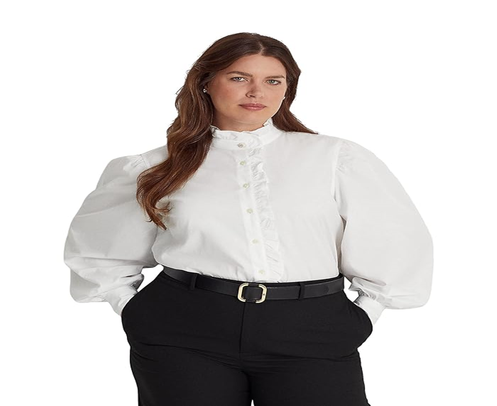 Camisa Ralph Lauren Feminina de Algodão com Babados e Tecido Broadcloth, Branca, Tamanho 3X