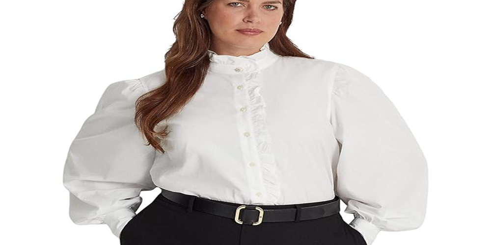 Camisa Ralph Lauren Feminina de Algodão com Babados e Tecido Broadcloth, Branca, Tamanho 3X
