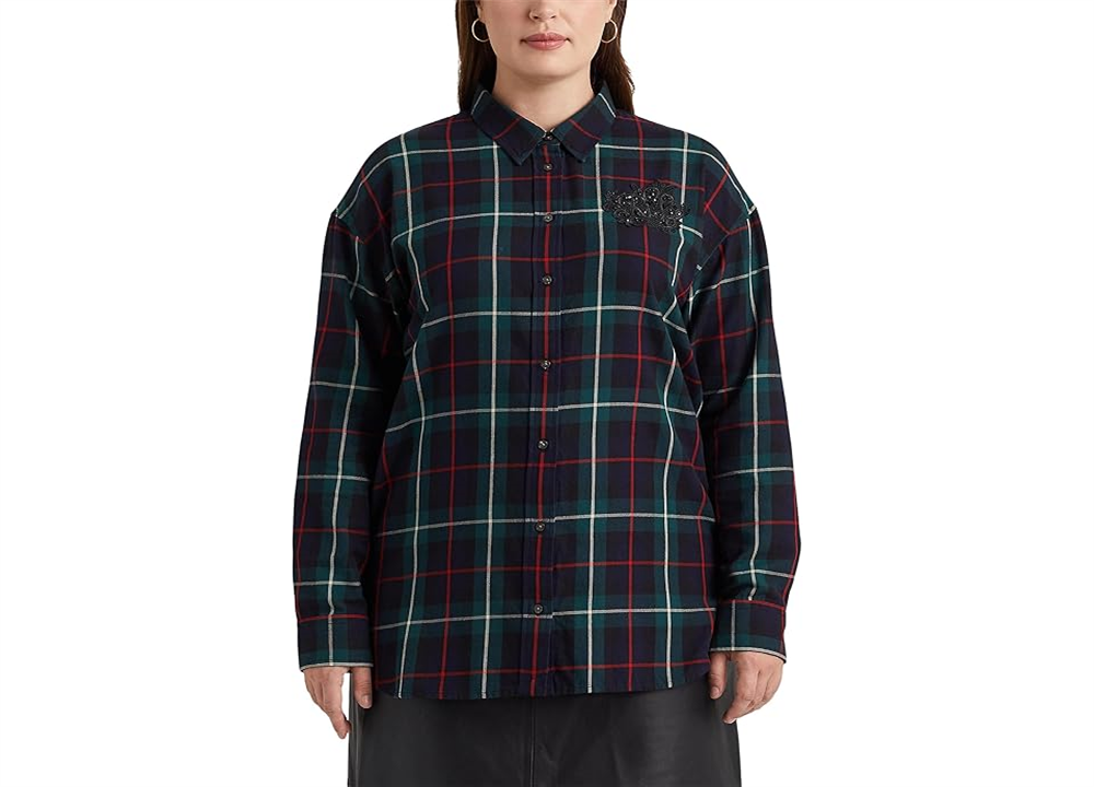 Camisa de sarja xadrez com remendo de ouro feminino Ralph Lauren, azul, tamanho 3X