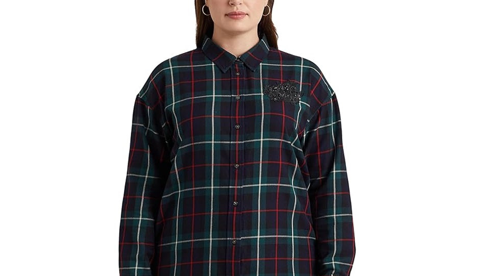Camisa de sarja xadrez com remendo de ouro feminino Ralph Lauren, azul, tamanho 3X