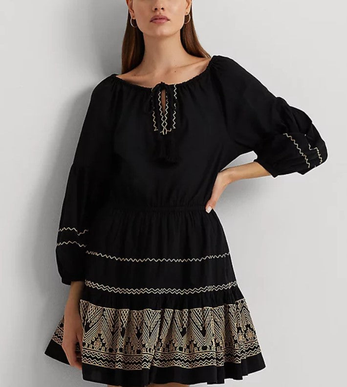 Vestido de voile de algodão bordado LAUREN Ralph Lauren preto/bege