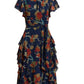 Vestido feminino Ralph Lauren com babados florais e acabamento em georgette azul