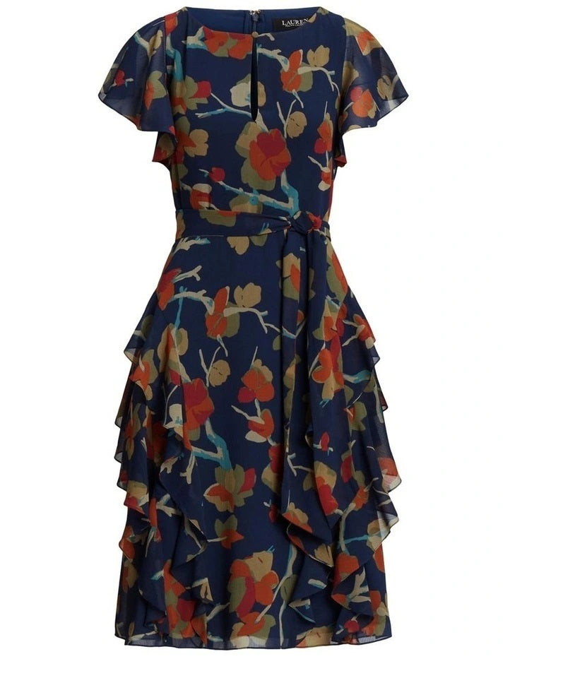 Vestido feminino Ralph Lauren com babados florais e acabamento em georgette azul