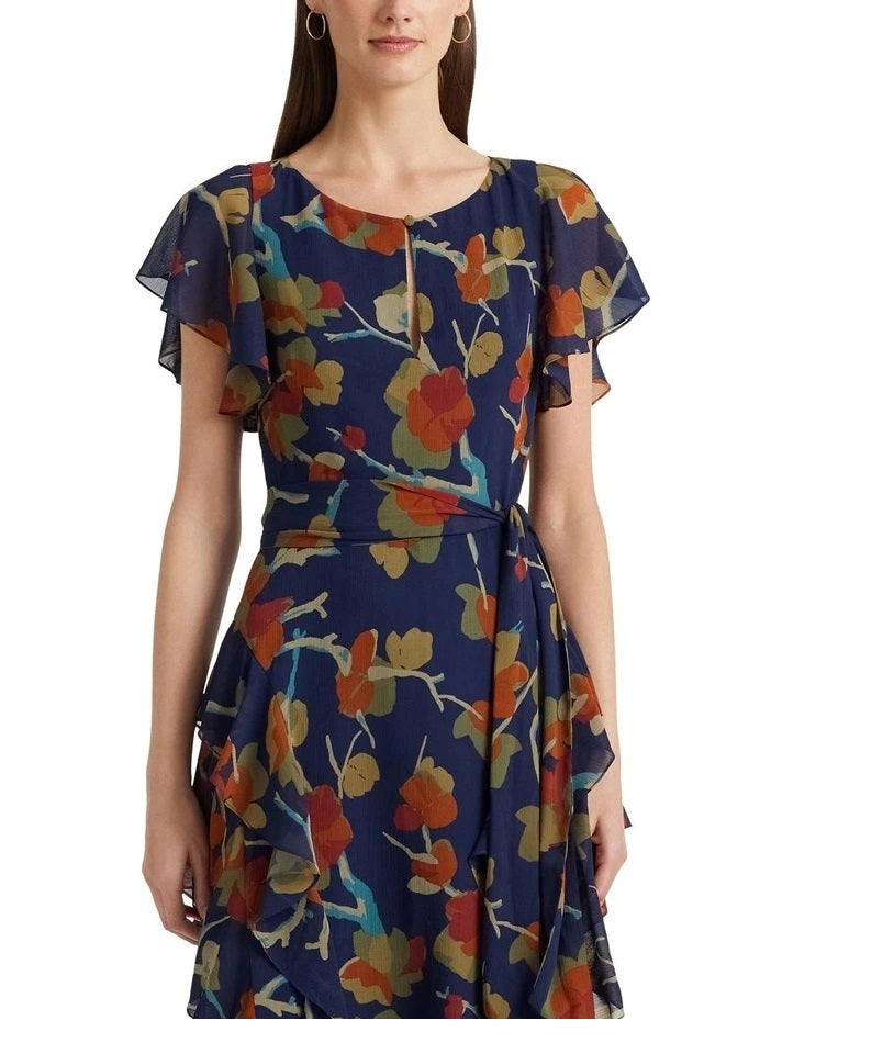 Vestido feminino Ralph Lauren com babados florais e acabamento em georgette azul
