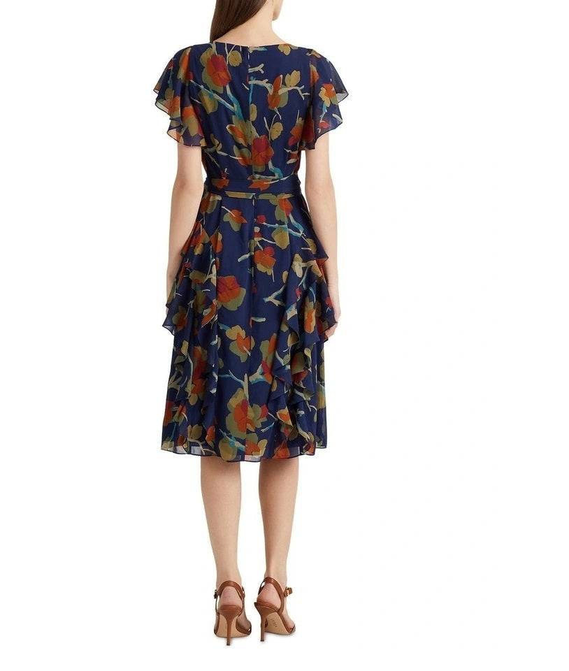 Vestido feminino Ralph Lauren com babados florais e acabamento em georgette azul