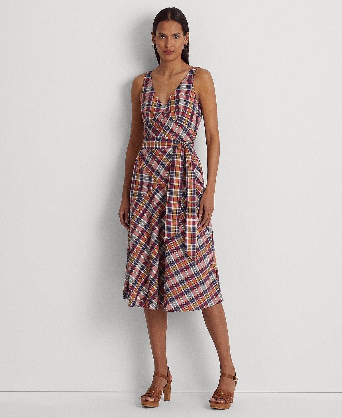 ralph-lauren-womens-belted-cotton-madras-sleeveless-dress-red