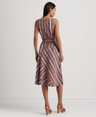 Vestido feminino Ralph Lauren de algodão Madras sem mangas com cinto, vermelho