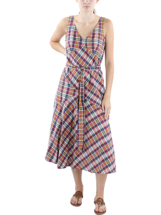 Vestido midi de algodão xadrez Madras Lauren Ralph Lauren feminino, tamanho 16
