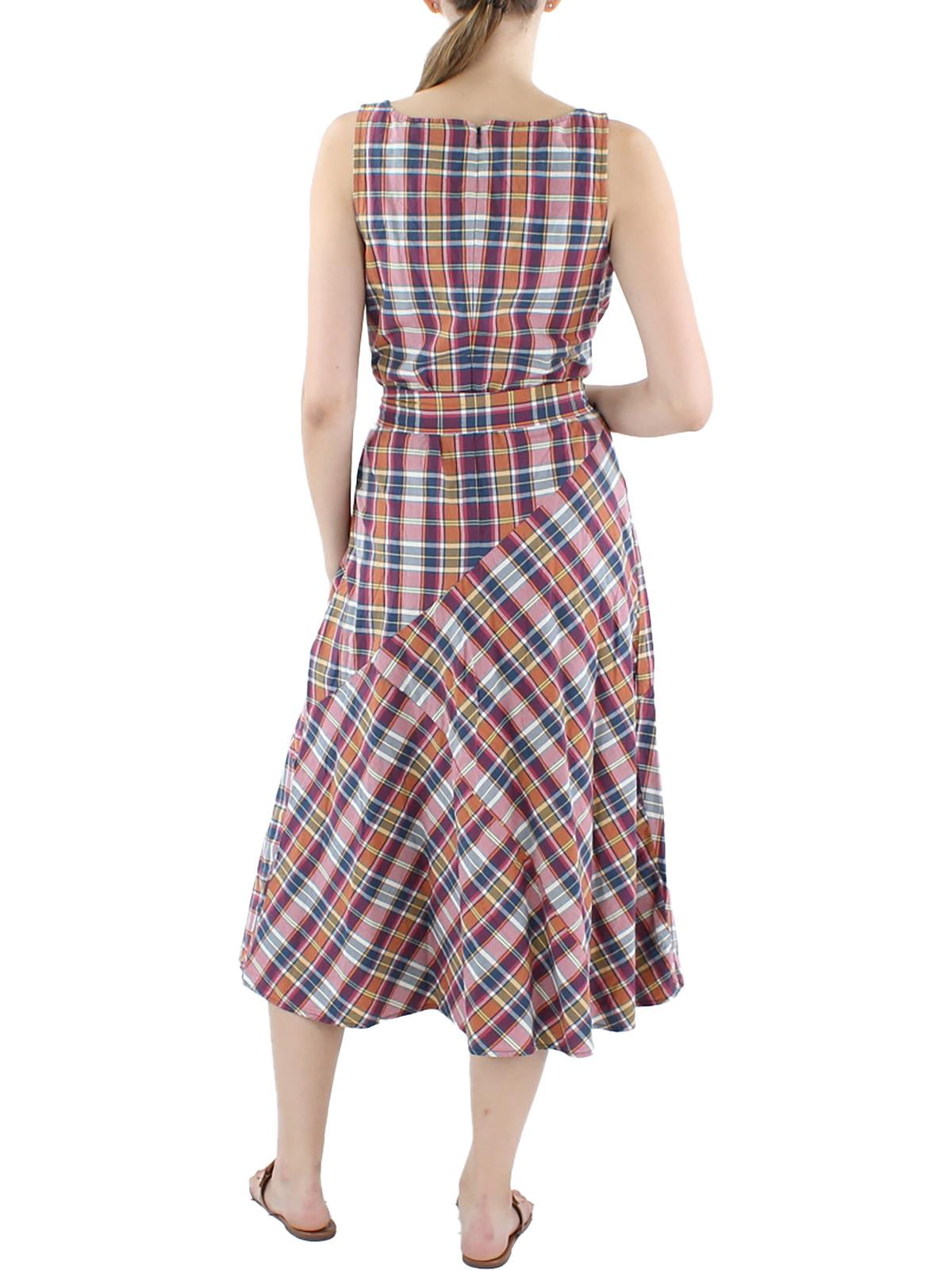 Vestido midi de algodão xadrez Madras Lauren Ralph Lauren feminino, tamanho 16