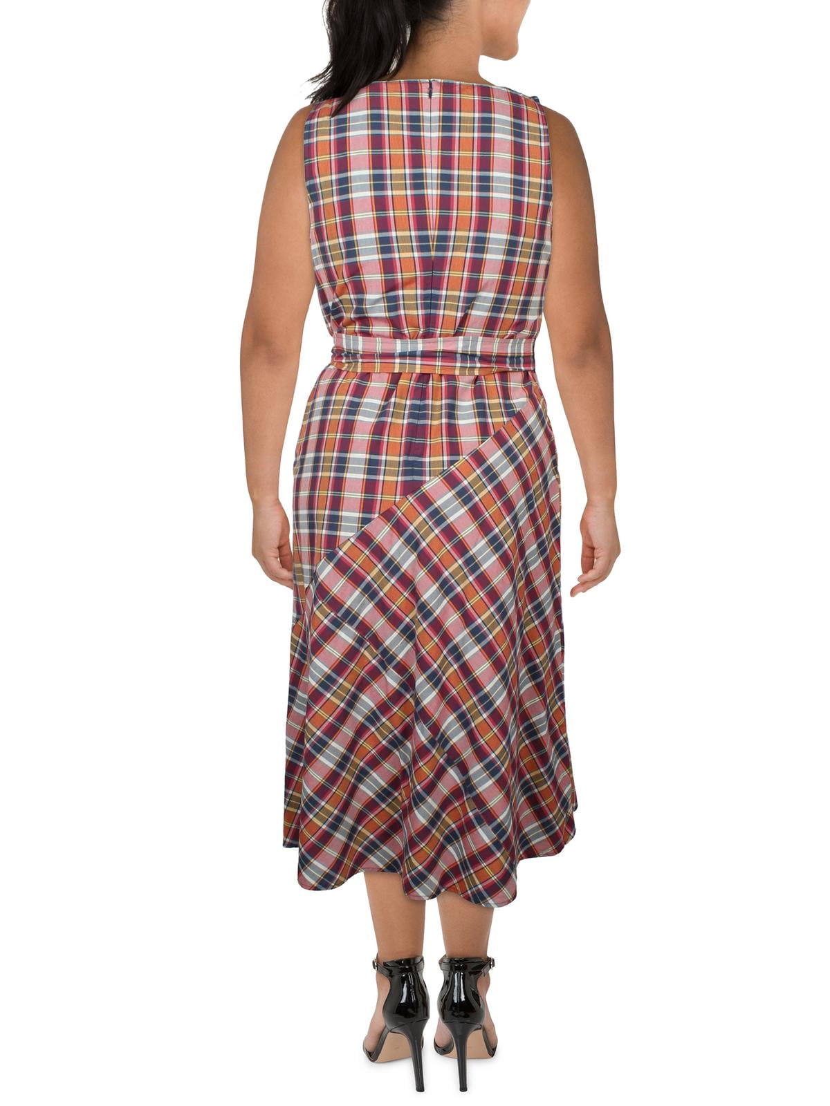 Vestido midi de algodão xadrez Madras Lauren Ralph Lauren feminino, tamanho 16