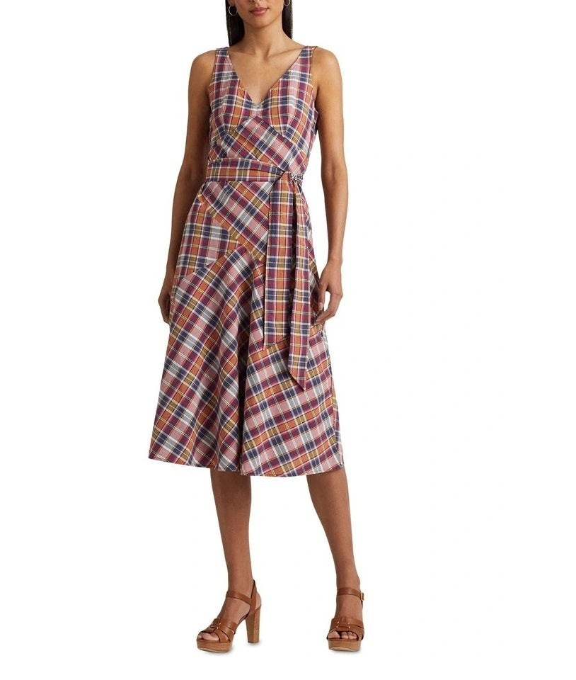 ralph-lauren-womens-belted-cotton-madras-sleeveless-dress-red